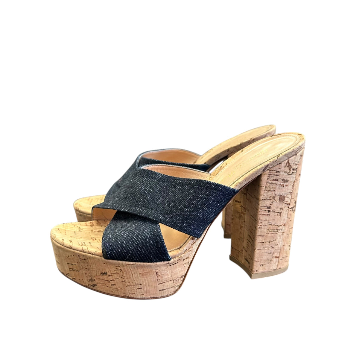 GAINVITTO ROSSI DENIM BLUE PLATFORM CORK HEELS 6 SZ 37 / 6.5