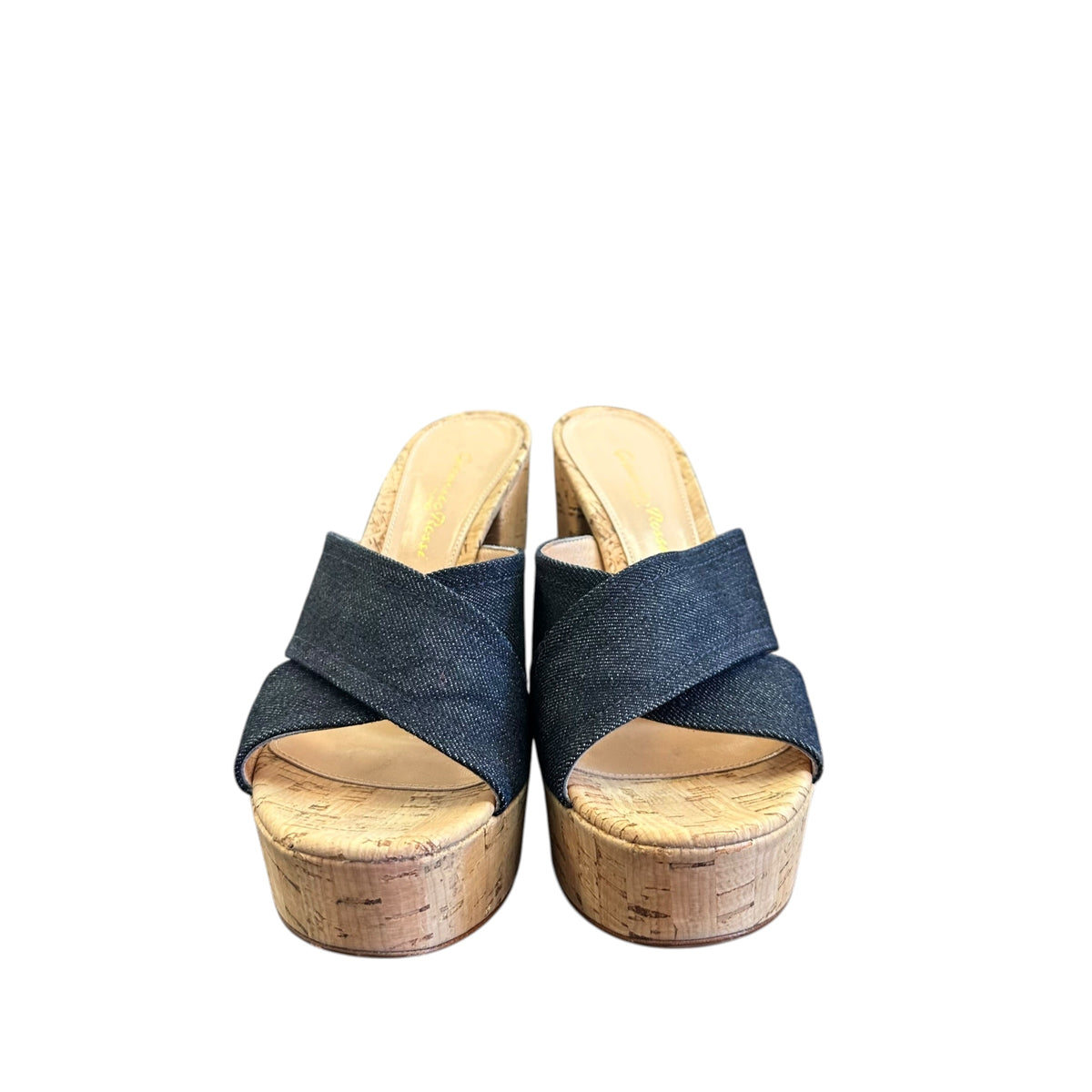 GAINVITTO ROSSI DENIM BLUE PLATFORM CORK HEELS 6 SZ 37 / 6.5