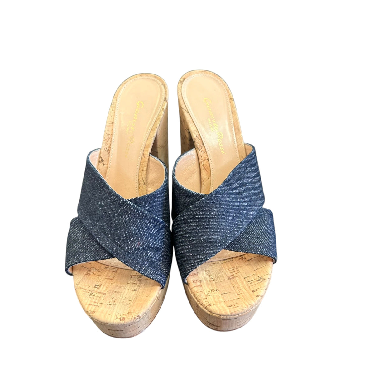 GAINVITTO ROSSI DENIM BLUE PLATFORM CORK HEELS 6 SZ 37 / 6.5