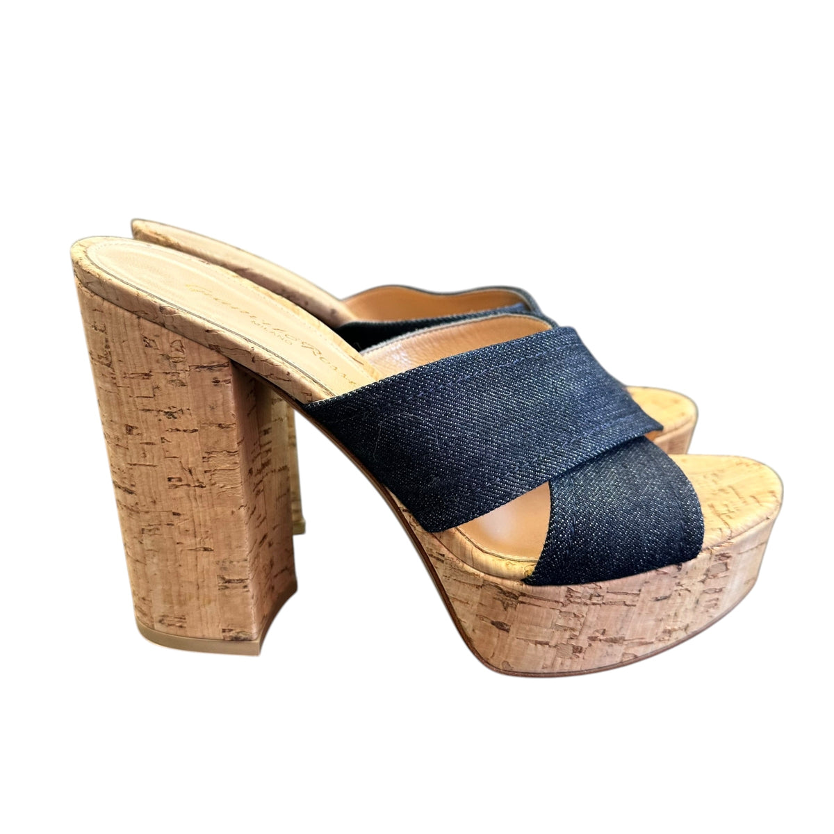 GAINVITTO ROSSI DENIM BLUE PLATFORM CORK HEELS 6 SZ 37 / 6.5