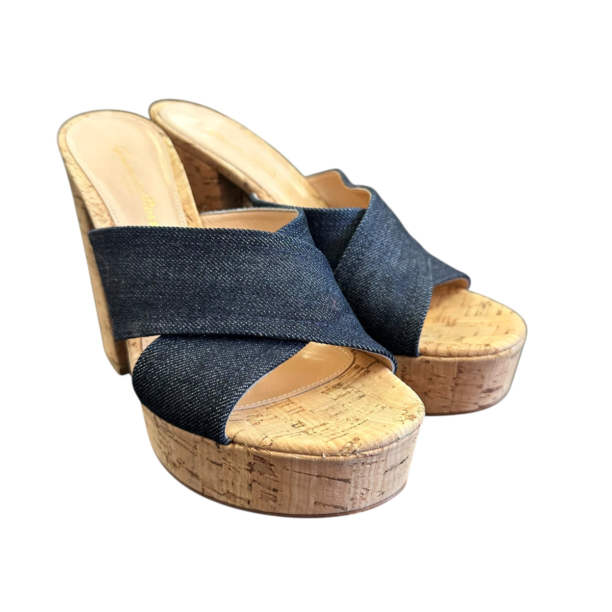 GAINVITTO ROSSI DENIM BLUE PLATFORM CORK HEELS 6 SZ 37 / 6.5