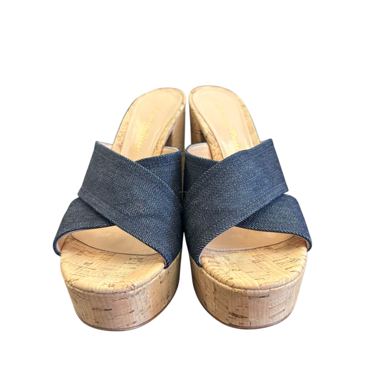 GAINVITTO ROSSI DENIM BLUE PLATFORM CORK HEELS 6 SZ 37 / 6.5