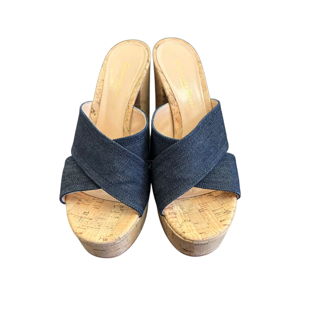 GAINVITTO ROSSI DENIM BLUE PLATFORM CORK HEELS 6 SZ 37 / 6.5
