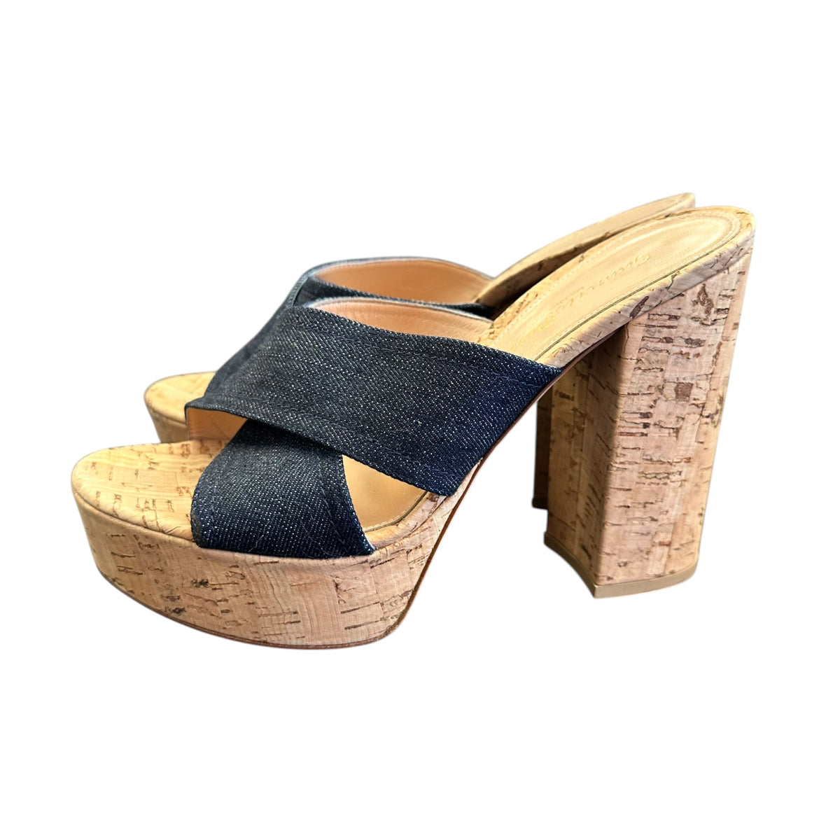GAINVITTO ROSSI DENIM BLUE PLATFORM CORK HEELS 6 SZ 37 / 6.5