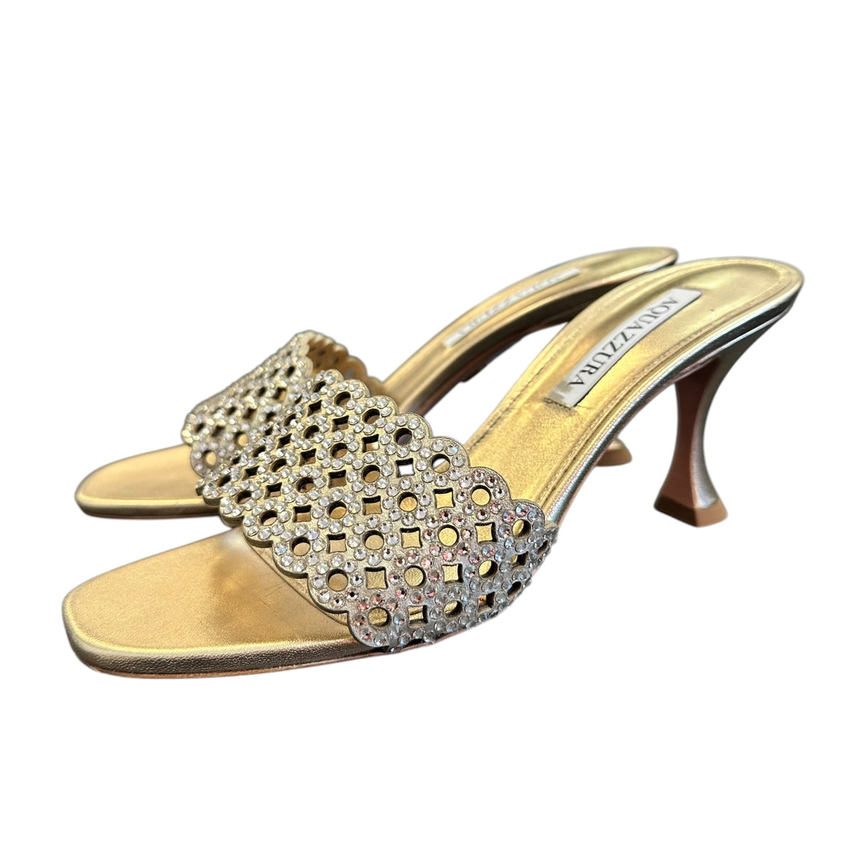AQUAZZURA CANDY MULE 75 GOLD METALLIC HEELS 249 SZ 7.5/8