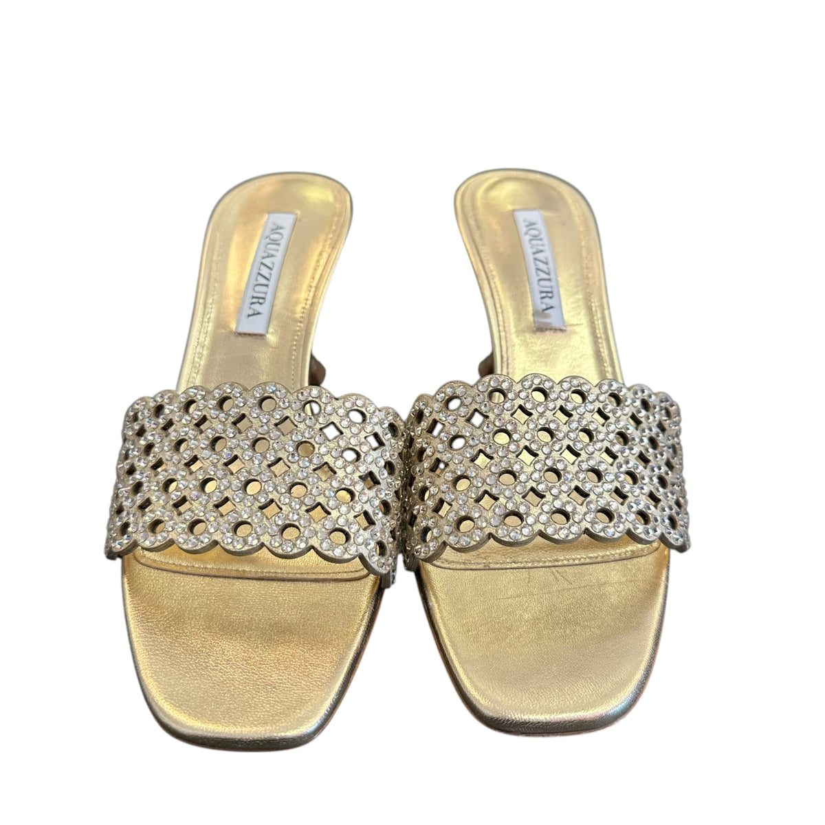 AQUAZZURA CANDY MULE 75 GOLD METALLIC HEELS 249 SZ 7.5/8