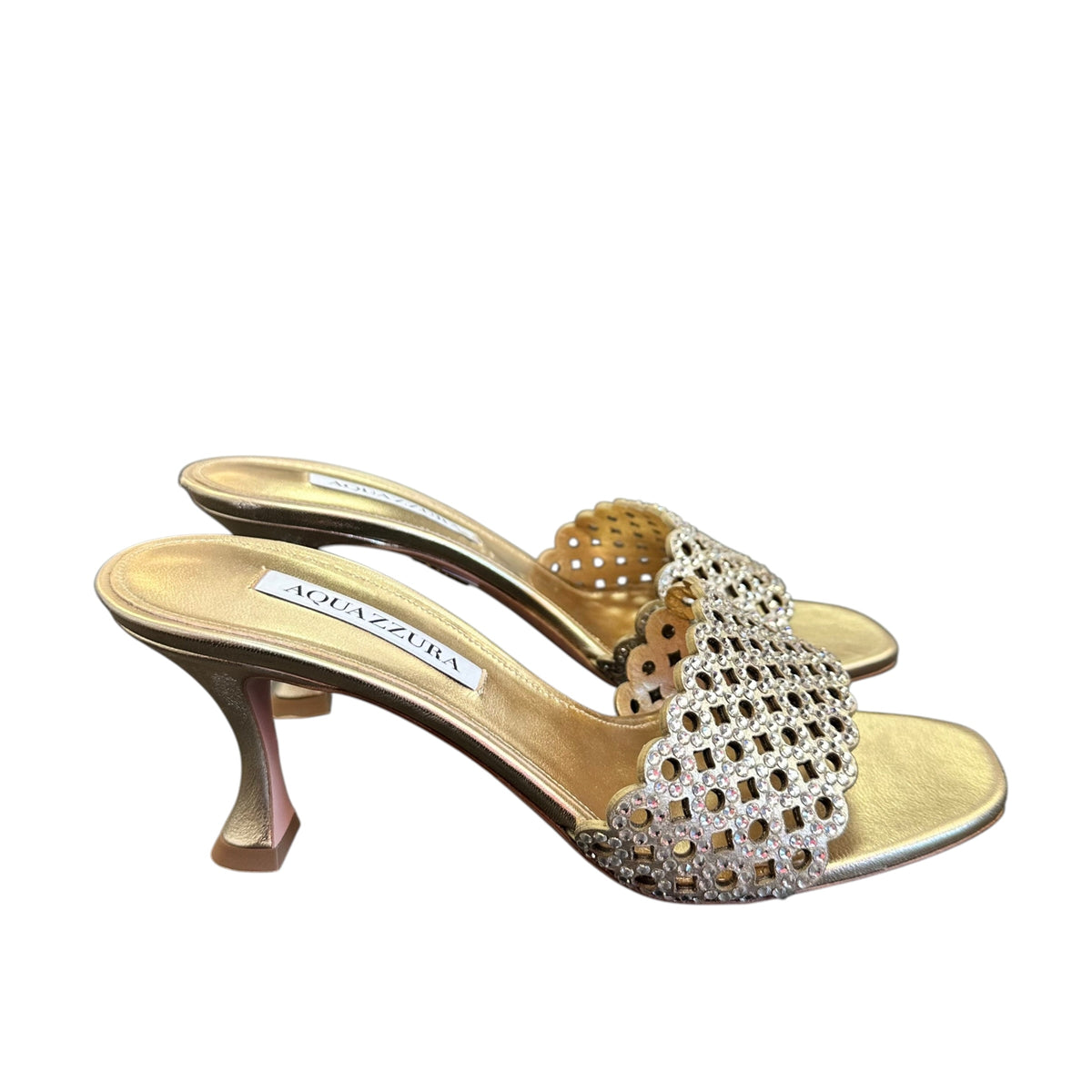 AQUAZZURA CANDY MULE 75 GOLD METALLIC HEELS 249 SZ 7.5/8