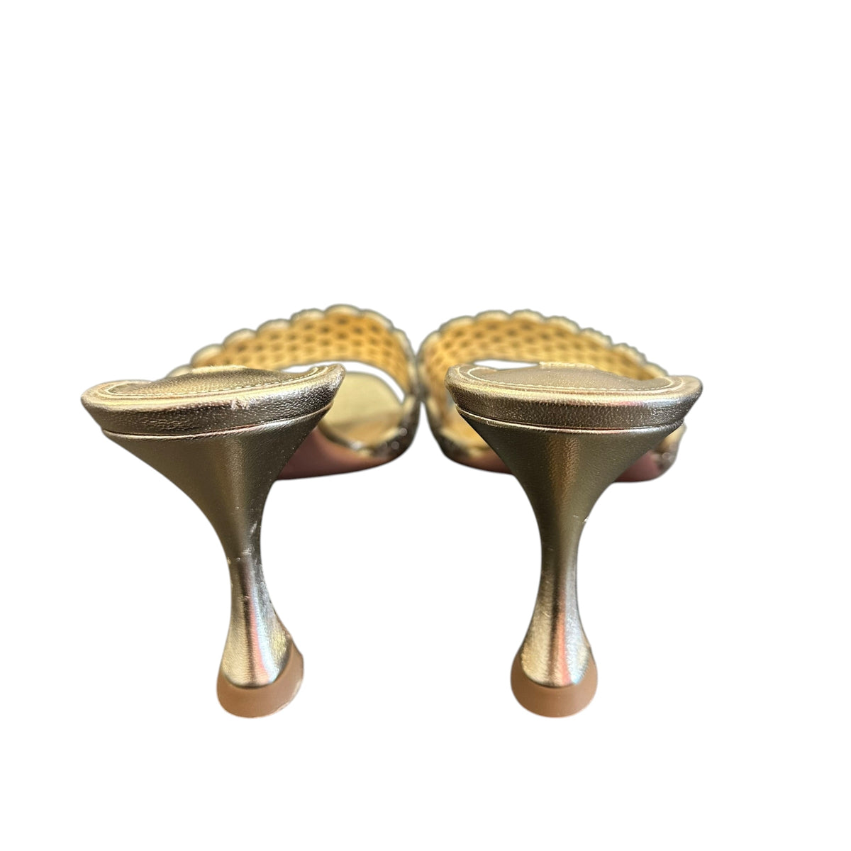 AQUAZZURA CANDY MULE 75 GOLD METALLIC HEELS 249 SZ 7.5/8