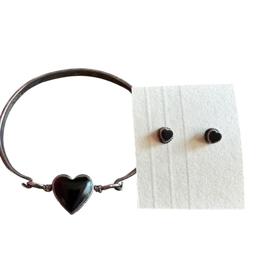 BLACK ONYX HEART SILVER ONE CUFF BANGLE BRACELET & EARRINGS 225