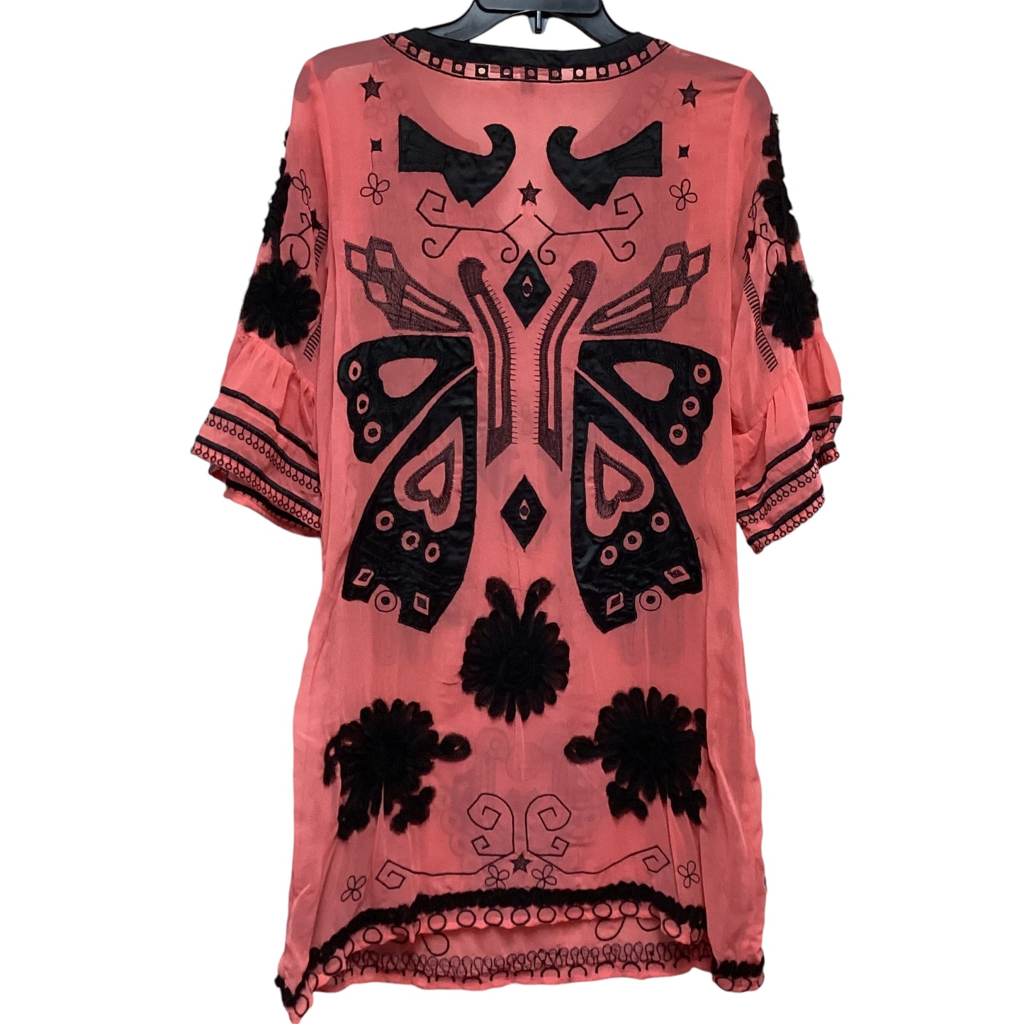 BLACK PINK SEMI SHEER EMBROIDERED SHIFT DRESS - LARGE - 84