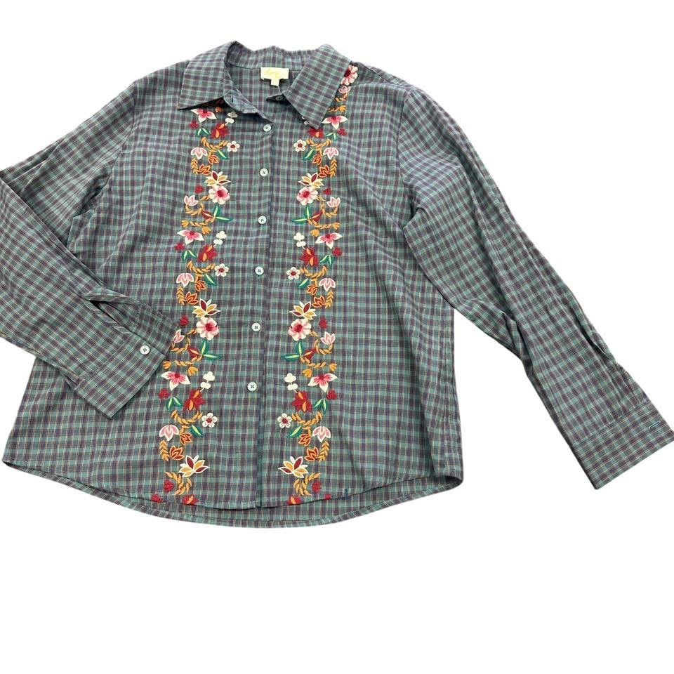 LAYERZ CLOTHING BUTTON UP PLAID EMBROIDERED BLOUSE 39 NWT MEDIUM