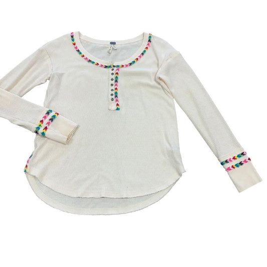 FREE PEOPLE WE THE FREE THERMAL HENLEY MULTOCOLOR EMBROIDERED BEIGE 100 MEDIUM