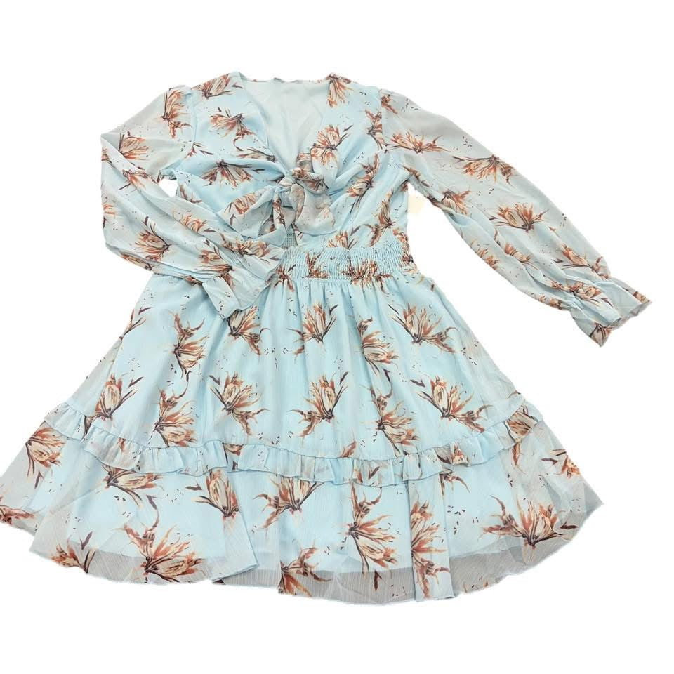 PRETTY GARDEN LIGHT BLUE FLORAL DEEP V FLOUNCE SLEEVE MINI DRESS SMOCKED WAIST 62 LARGE