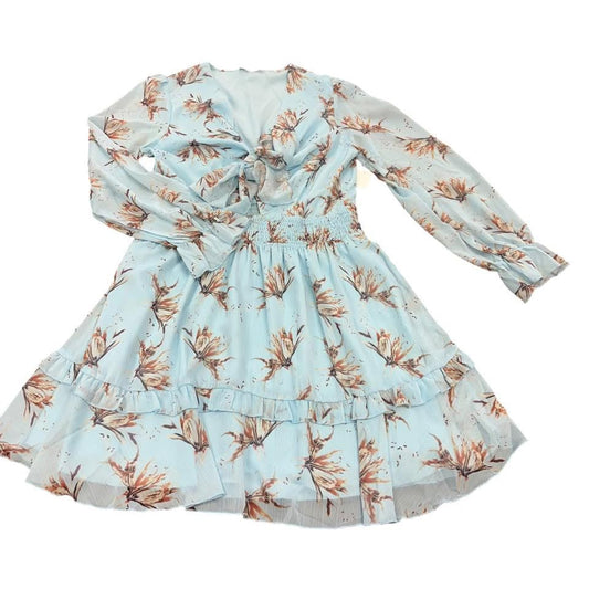 PRETTY GARDEN LIGHT BLUE FLORAL DEEP V FLOUNCE SLEEVE MINI DRESS SMOCKED WAIST 62 LARGE