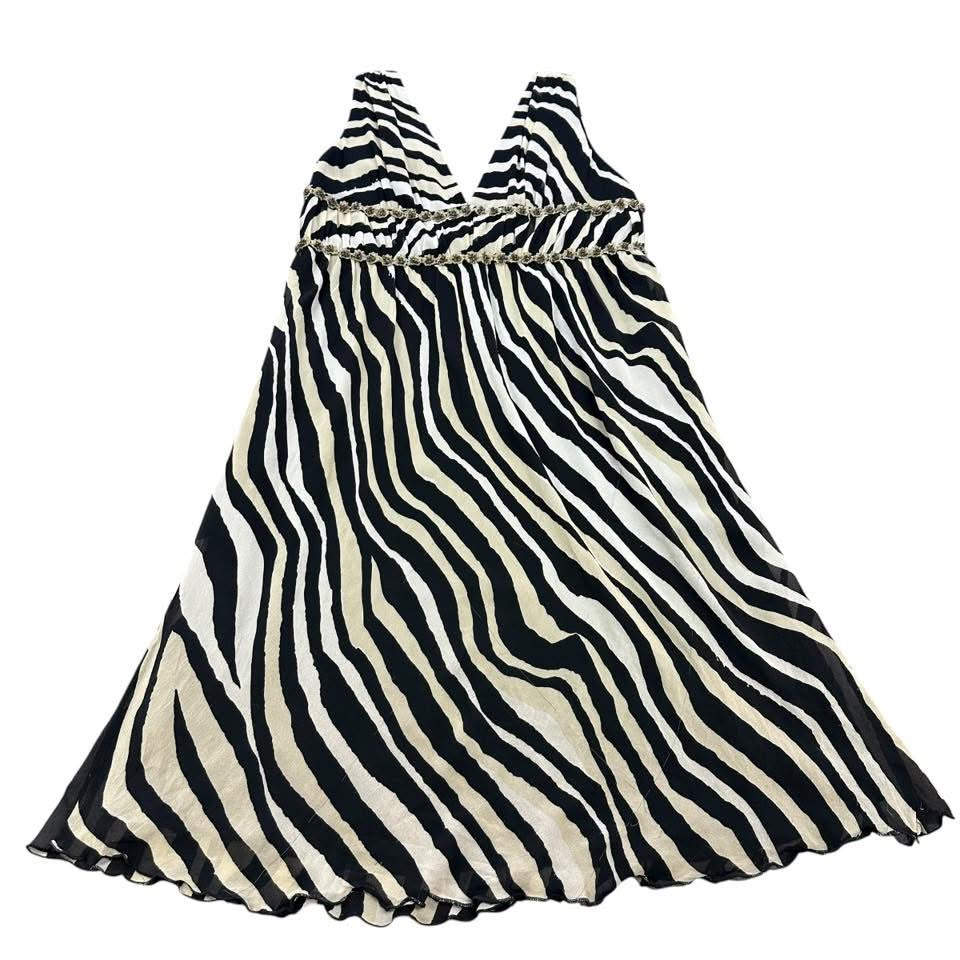 TRINA TURK ZEBRA PRINT EMPIRE WAIST DRESS 100% SILK BEADED DETAIL 241 SZ 12