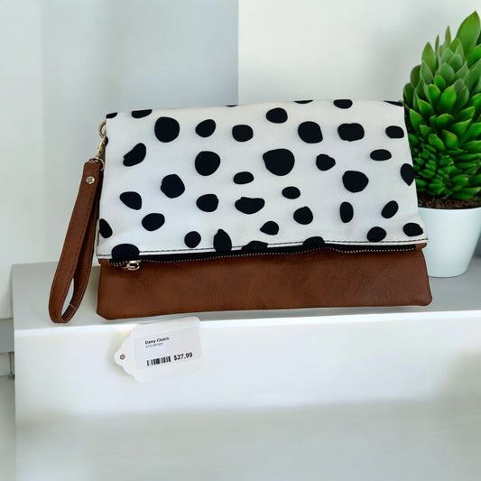 NWT DAISY CLUTCH - DALMATIAN & BROWN FAUX LEATHER