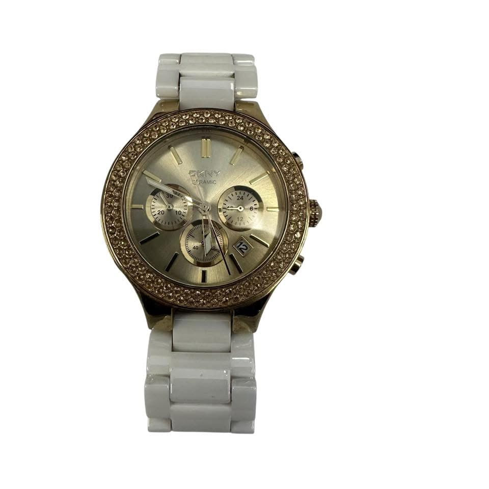 DKNY PEARL WHITE CERAMIC GOLD WATCH 100