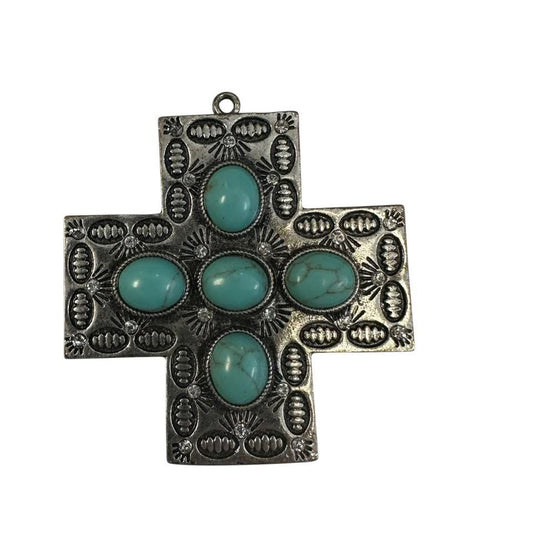 FAUX TURQUOISE & SILVER CROSS PENDANT 62