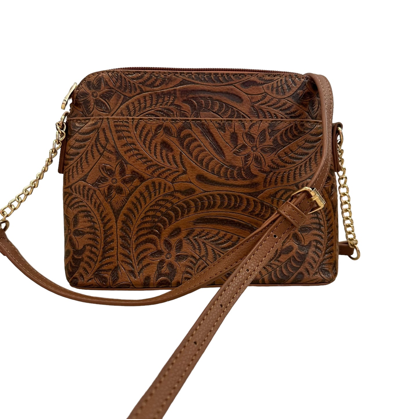 SHEIN BROWN FAUX “TOOLED” LEATHER CROSSBODY