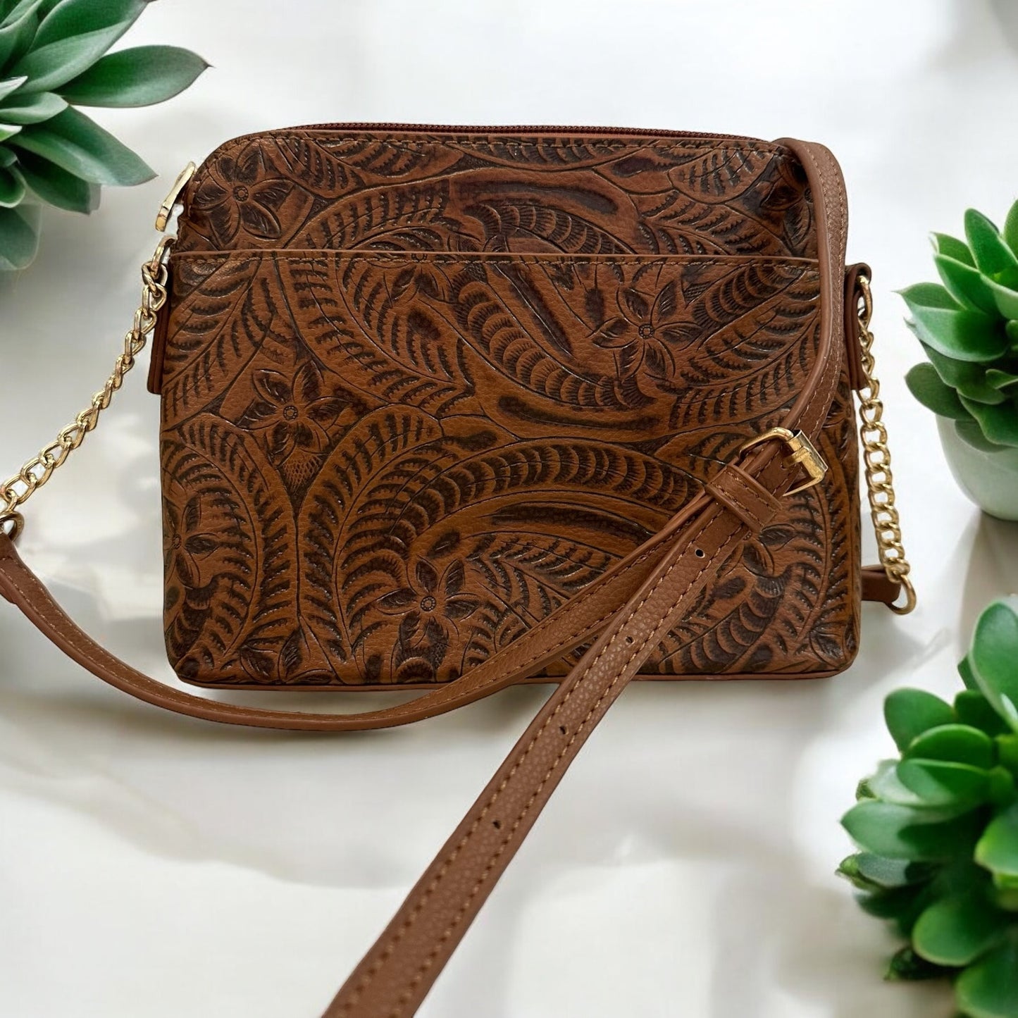 SHEIN BROWN FAUX “TOOLED” LEATHER CROSSBODY