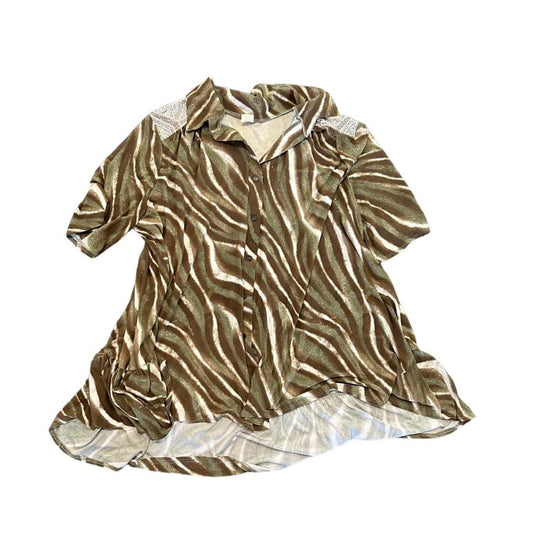 GREEN BROWN ZEBRA LIKE PRINT TOP - 1X -128