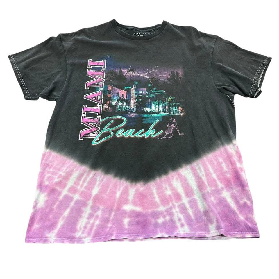 PACSUN BLACK PURPLE TIE DYE TSHIRT MIAMI BEACH 100 LARGE