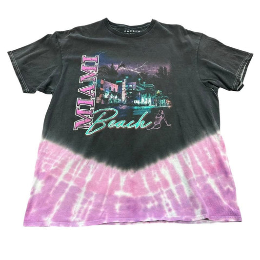 PACSUN BLACK PURPLE TIE DYE TSHIRT MIAMI BEACH 100 LARGE
