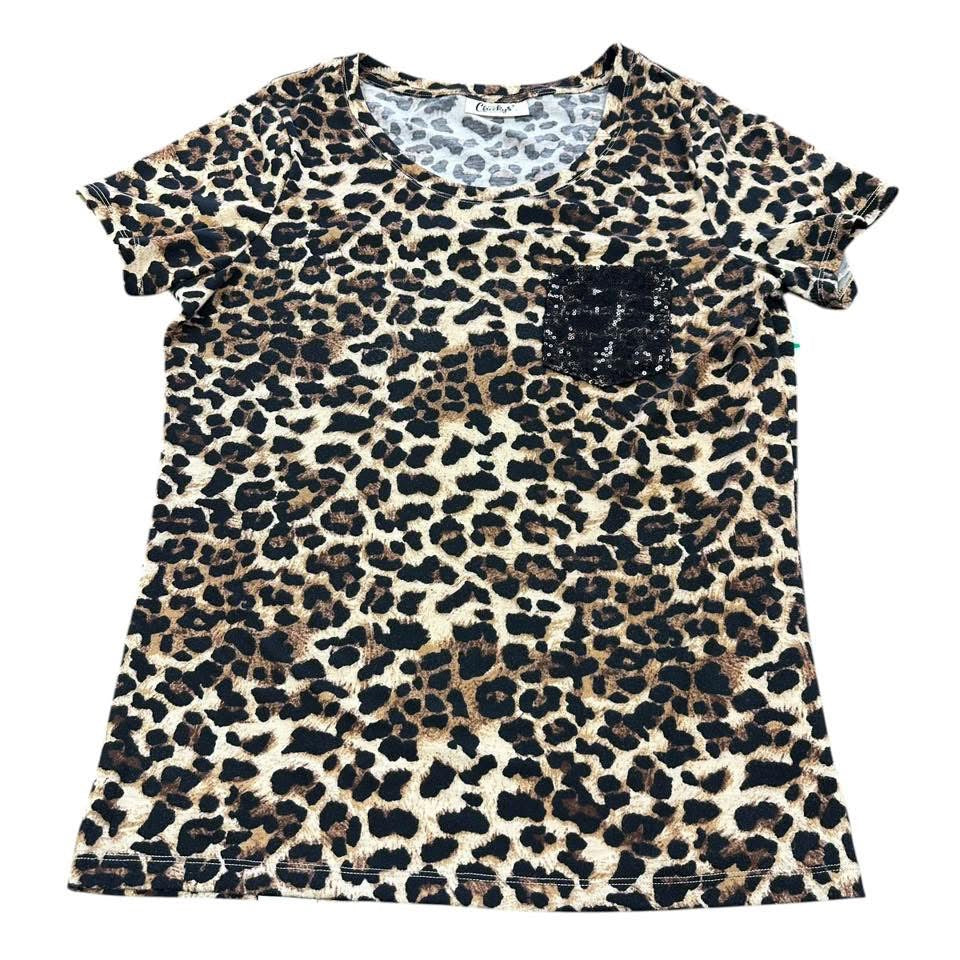 CHEEKYS ANIMAL PRINT TEE W BLACK SEQUINS POCKET 241 LARGE