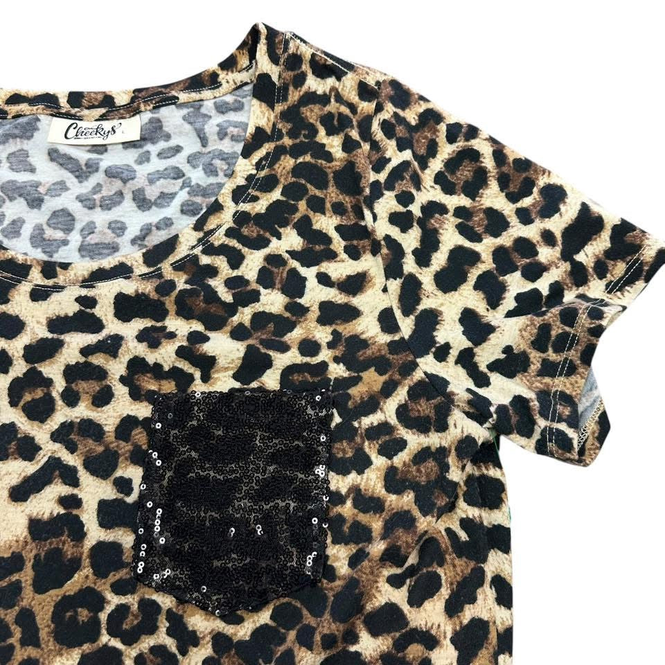 CHEEKYS ANIMAL PRINT TEE W BLACK SEQUINS POCKET 241 LARGE