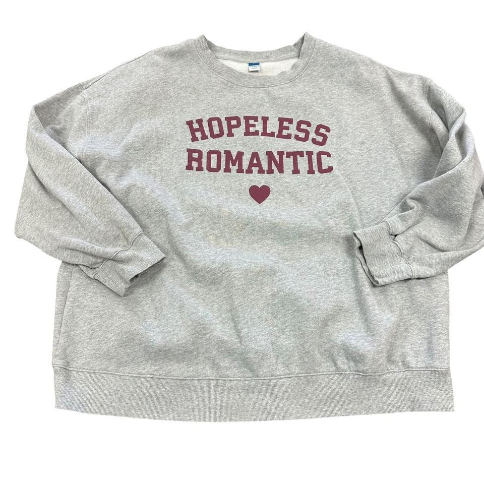 OLD NAVY SO COMFY VERSIZED TUNIC SWEATSHIRT HEATHER GRAY HOPELESS ROMANTIC GRAPHIC 58 LARGE