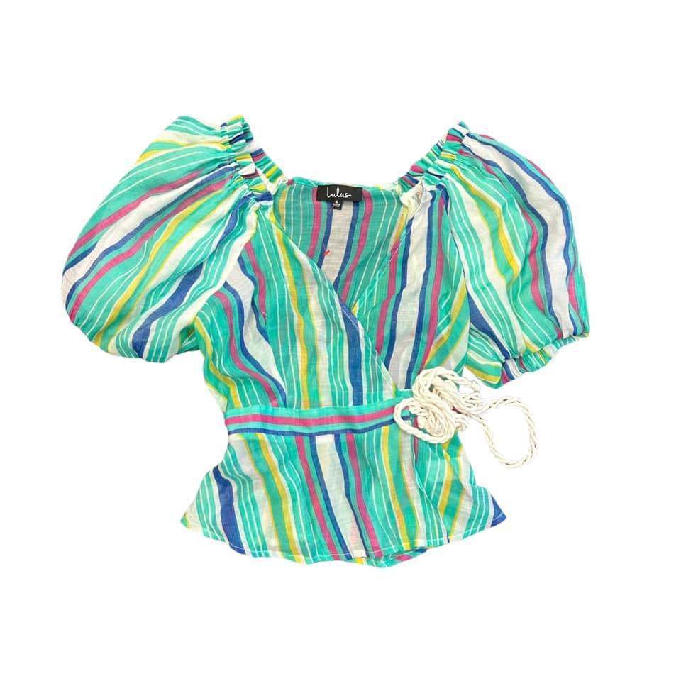 LULU STRIPED MULTICOLOR WRAP BLOUSE SMALL