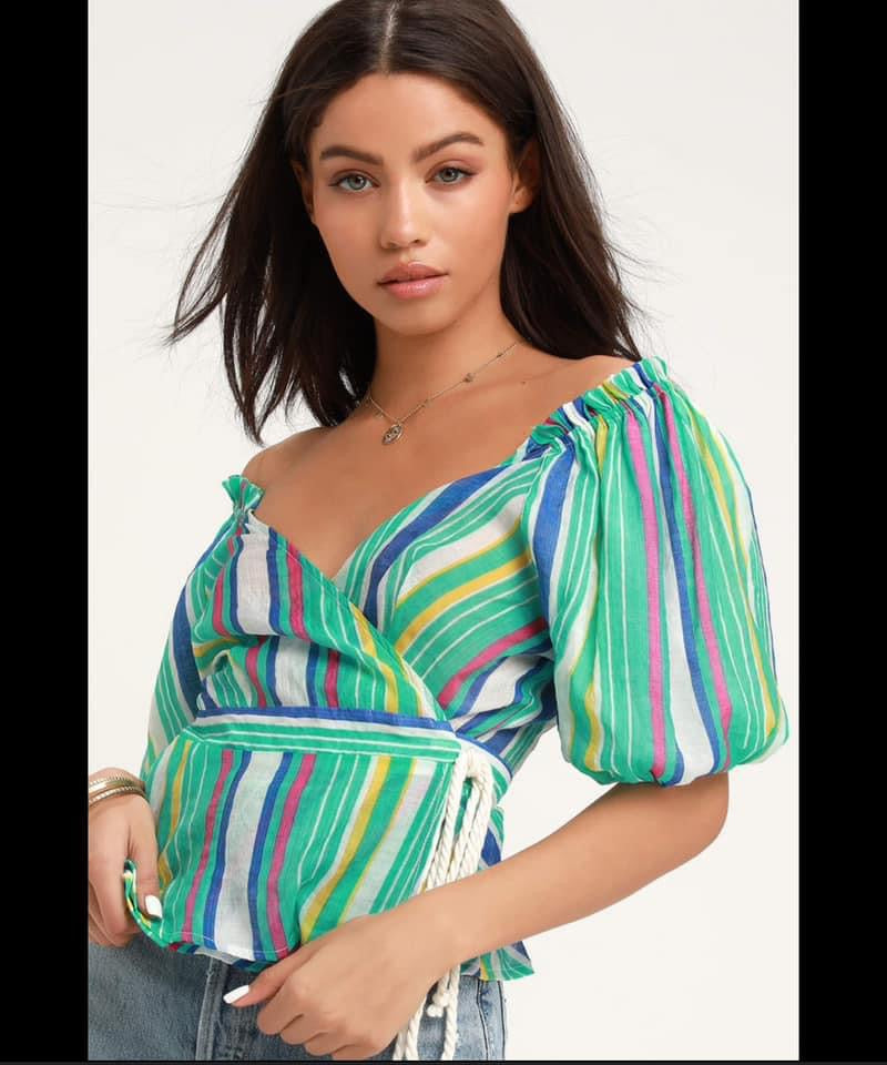 LULU STRIPED MULTICOLOR WRAP BLOUSE SMALL