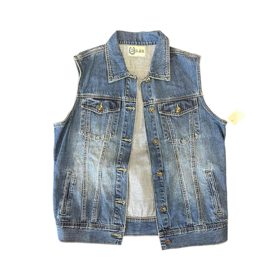 L&B BLUE JEAN JACKET SLEEVELESS ZARAPE PRINT ON BACK-124 XL