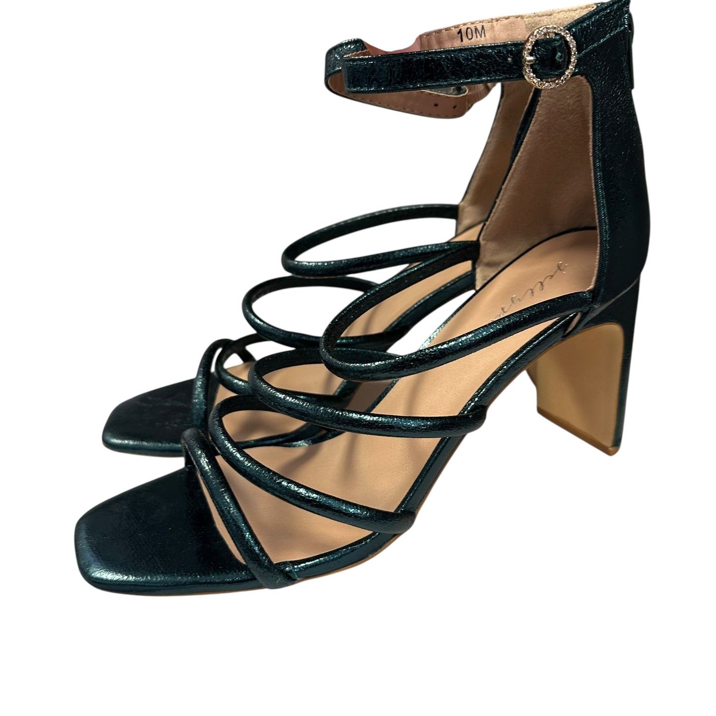 JELLIPOP GREEN METALLIC STRAPPY HEELS 100 NWOB Sz 10