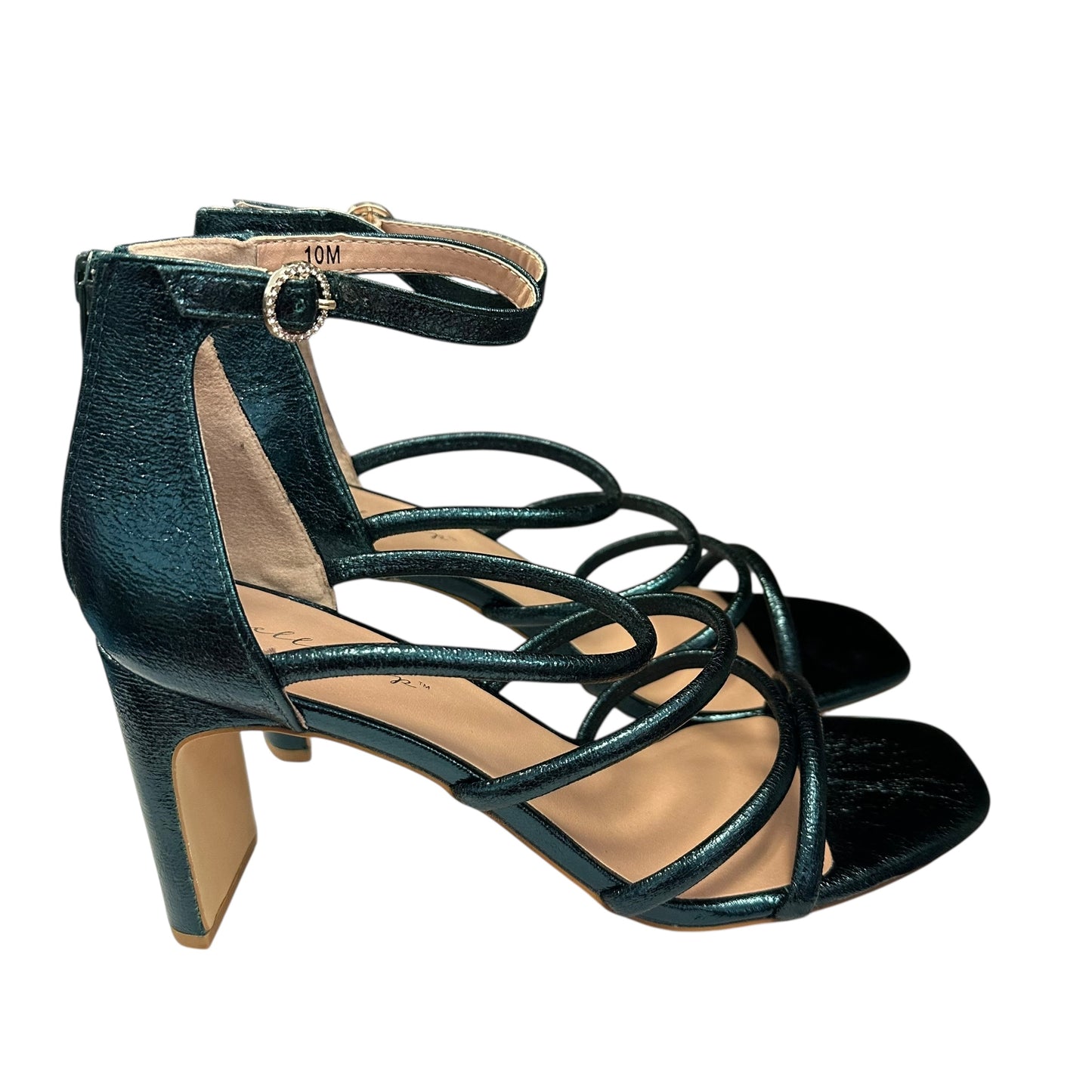 JELLIPOP GREEN METALLIC STRAPPY HEELS 100 NWOB Sz 10