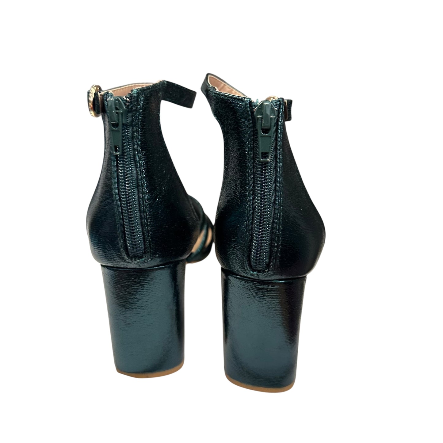 JELLIPOP GREEN METALLIC STRAPPY HEELS 100 NWOB Sz 10