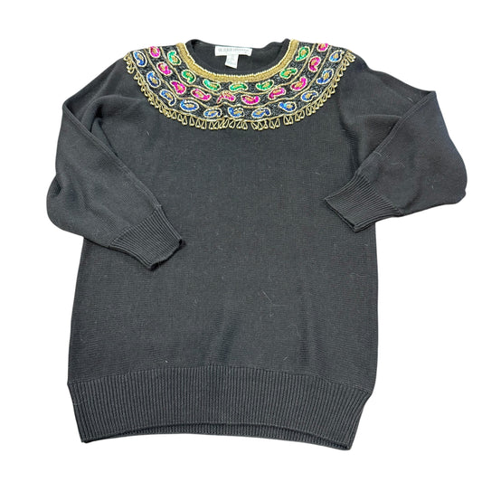 VINTAGE BLACK RAMIE SWEATER BEADED PAISLEY SHOULDER PADS 100 SMALL