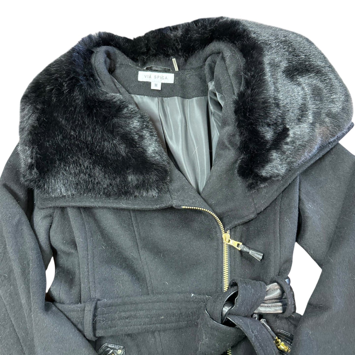 VIA SPIGA KATE BELTED BLACK FAUX FUR TRIM WOOL BLEND 100 MEDIUM