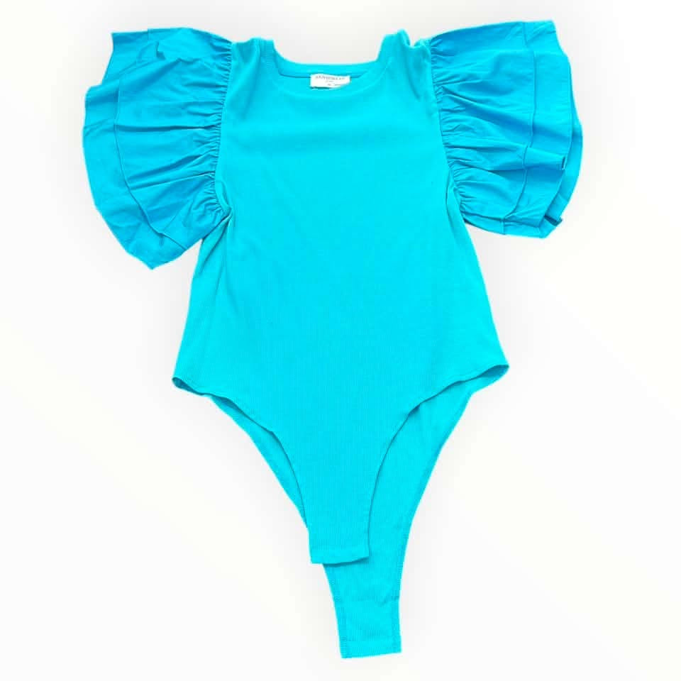 ANNIEWEAR BLUE RIBBED BODYSUIT FLUTTER SLEEVES 100 XL