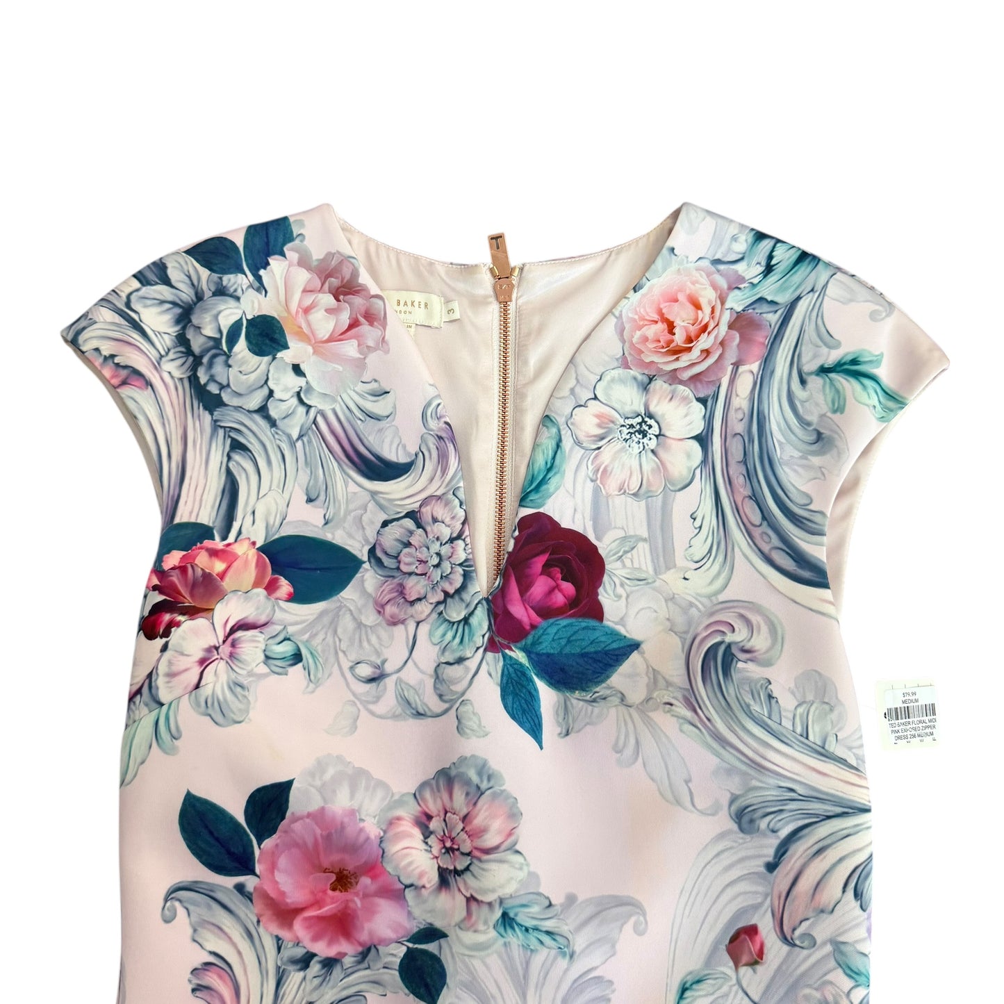 TED BAKER FLORAL MIDI PINK EXPOSED ZIPPER DRESS 256 MEDIUM