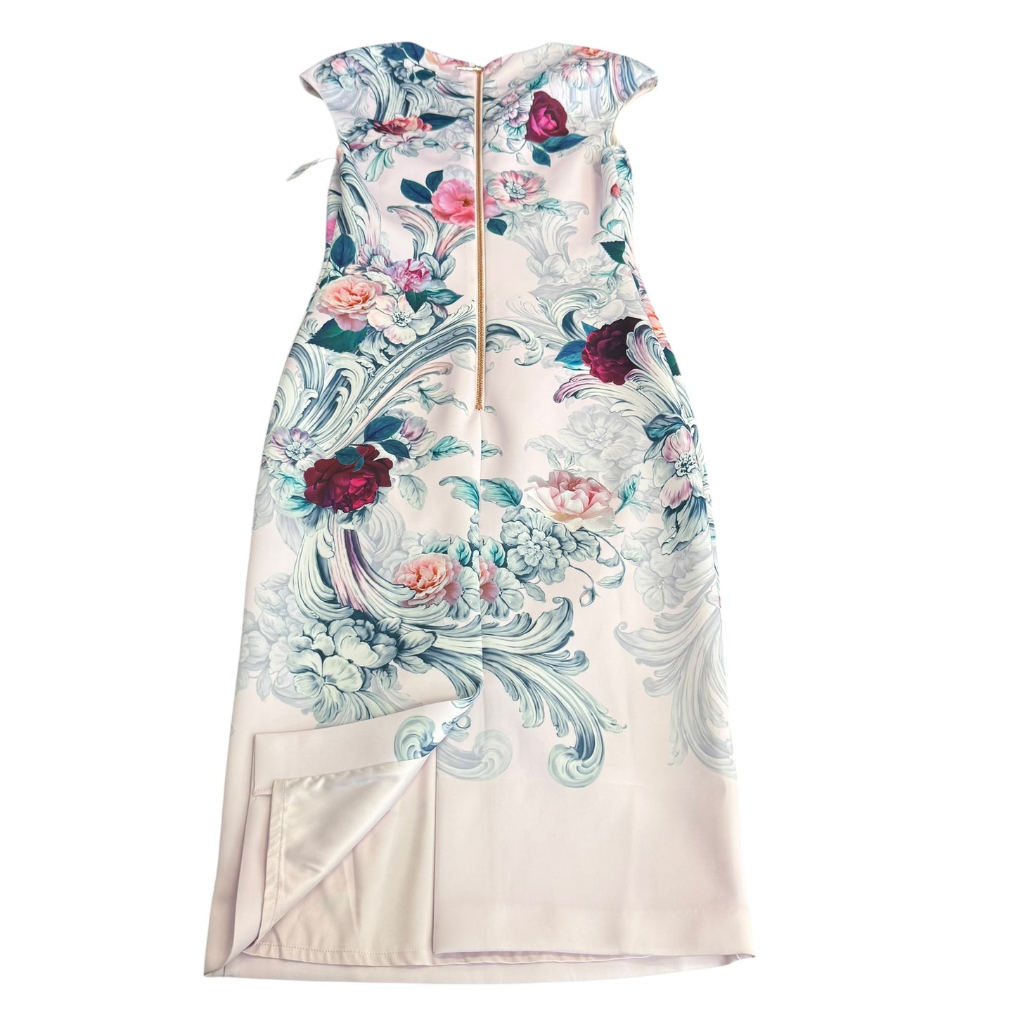 TED BAKER FLORAL MIDI PINK EXPOSED ZIPPER DRESS 256 MEDIUM