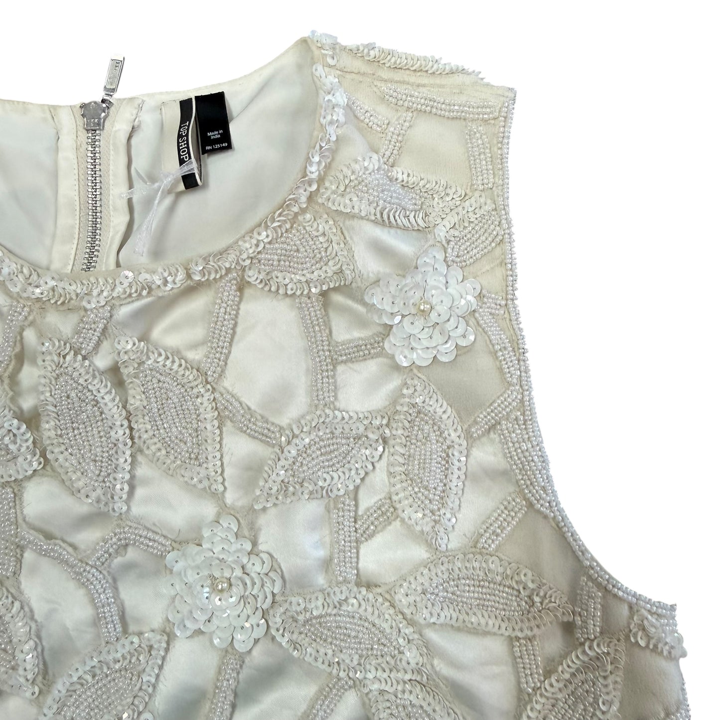 TOPSHOP WHITE BEADED SLEEVELESS BLOUSE 84 SZ 8