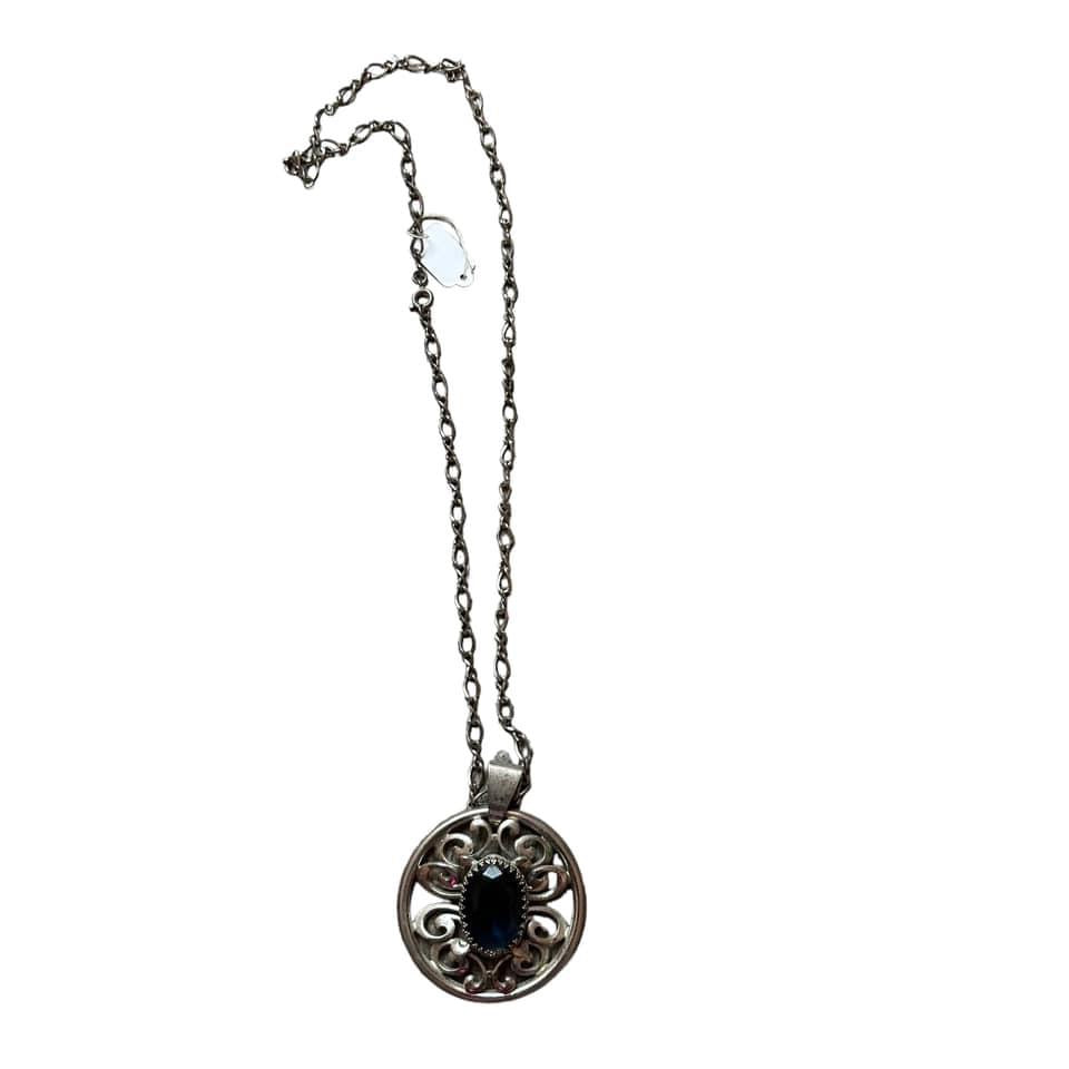 SILVER NECKLACE W BLUE STONE PENDANT - 38