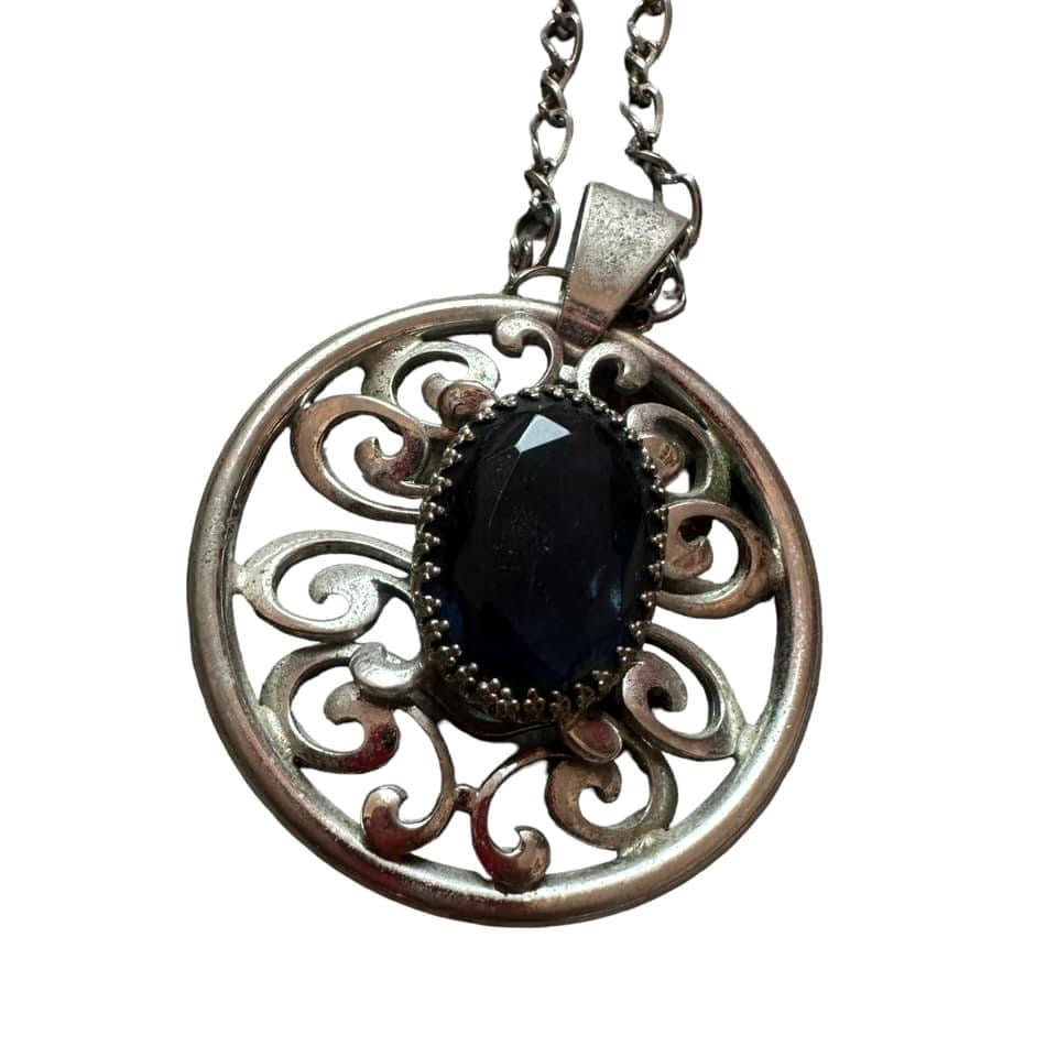 SILVER NECKLACE W BLUE STONE PENDANT - 38