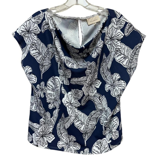 MELLODAY NAVY WHITE LEAF BLOUSE BUTTON CLOSURE BACK XL