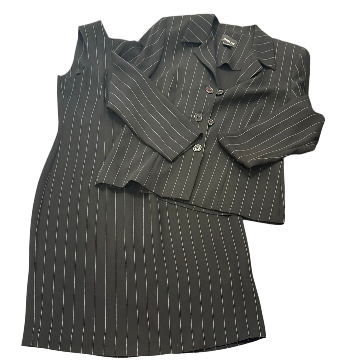LESLIE FAY BLACK WHITE STRIPED SUIT SET DRESS BLAZER 100 SZ 8 PETITE
