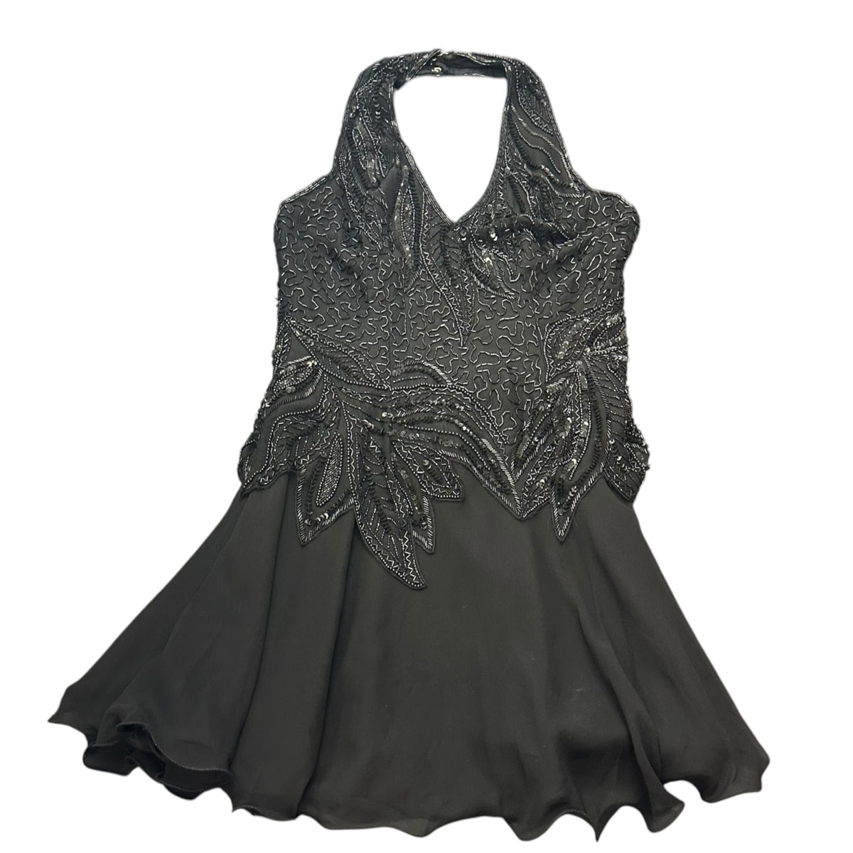 BLACK HALTER FULLY BEADED SILK DRESS 285 SZ 4/6