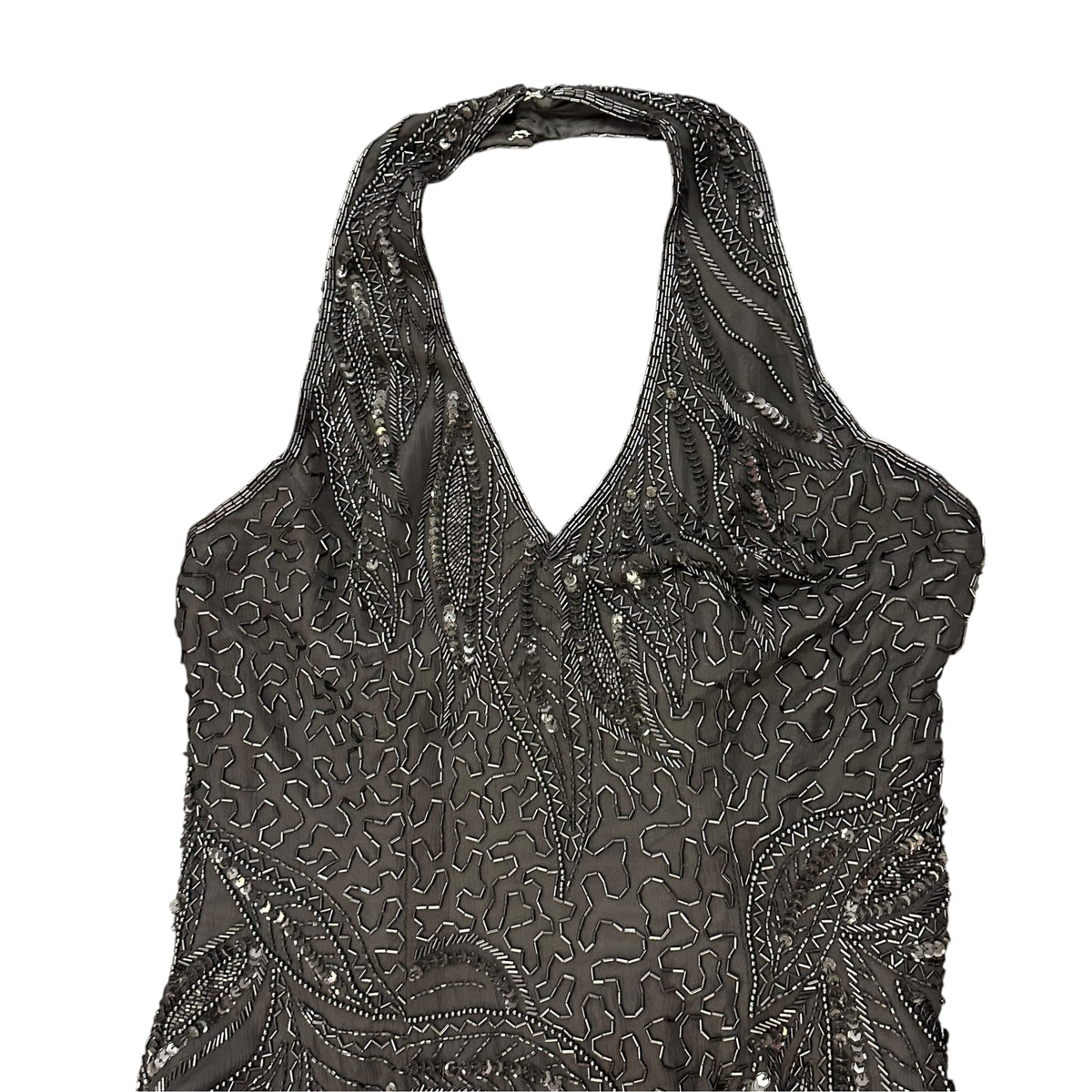 BLACK HALTER FULLY BEADED SILK DRESS 285 SZ 4/6