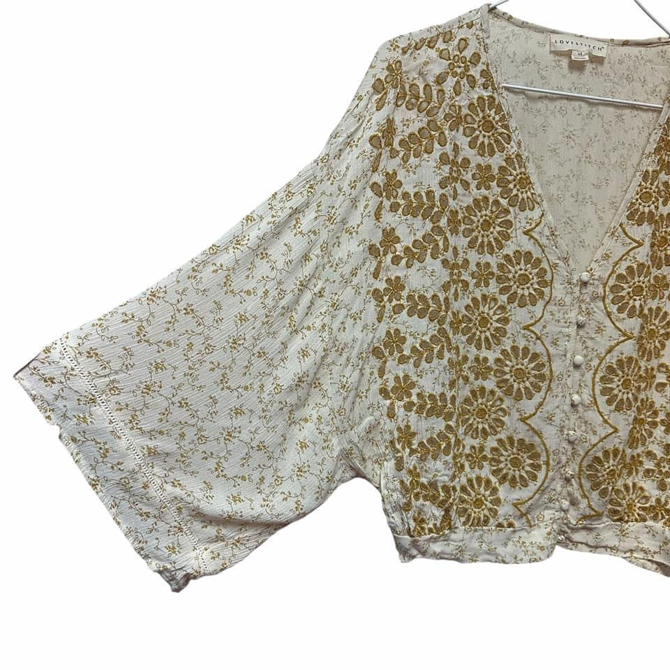 LOVESTITCH YELLOW EMBROIDERED BOHO TOP  MEDIUM  $16.99