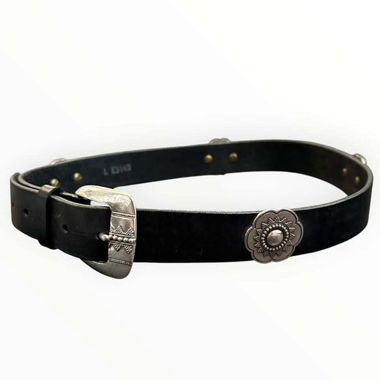 BLACK LEATHER BELT SILVER ACCENTS BEST FITS S/M